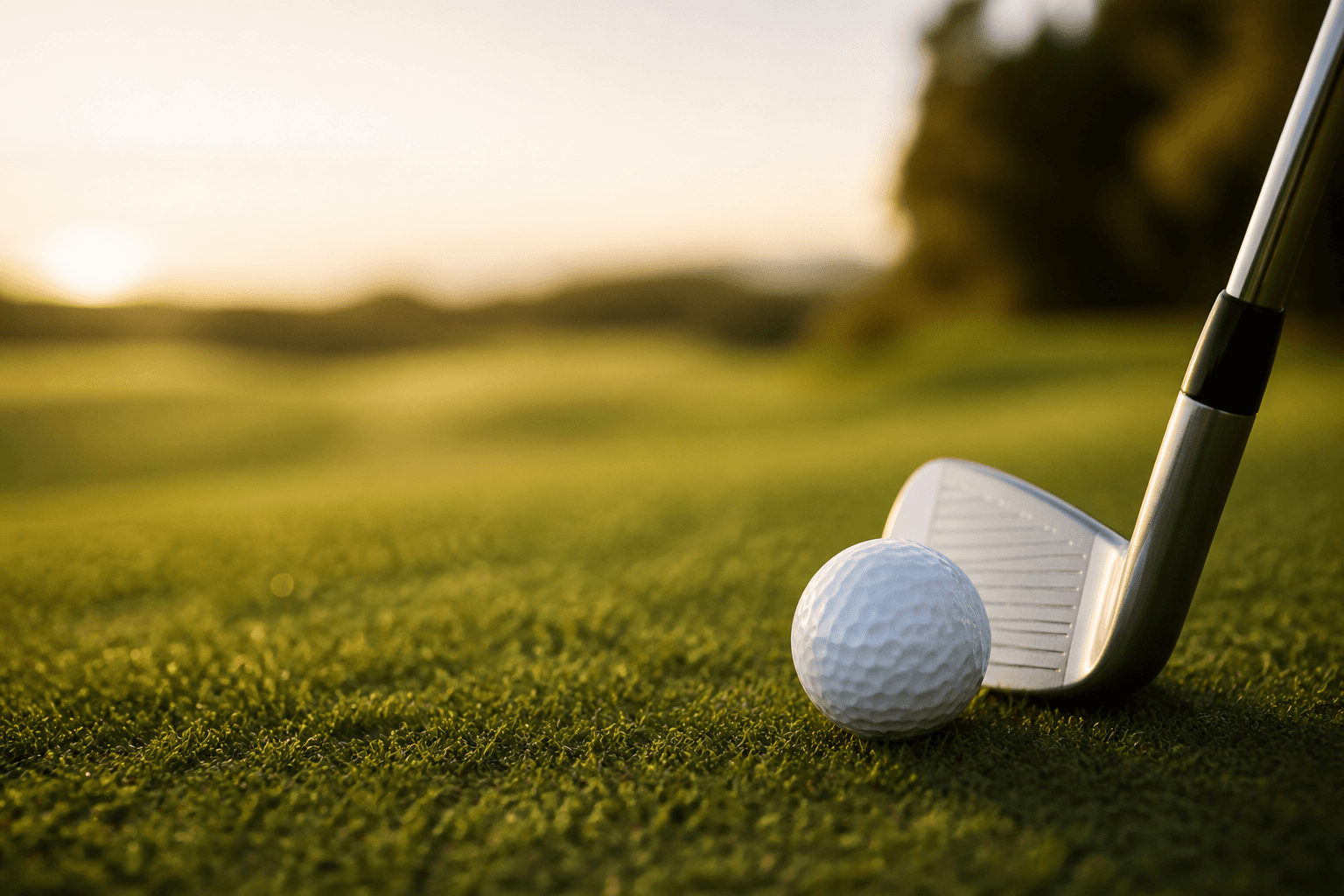 Golfbold og golfkølle i varmt middelhavslys